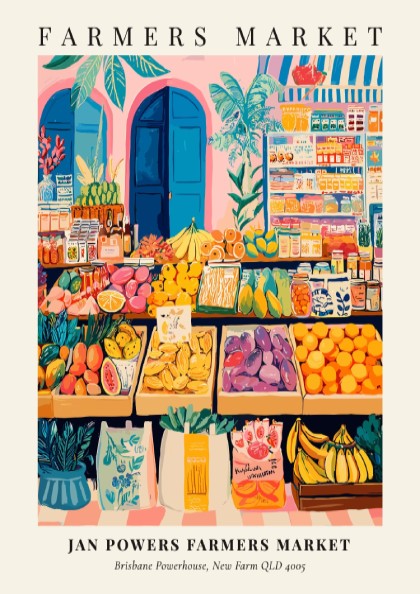 Farmers market poster featuring colorful fruits and vegetables in a vibrant style