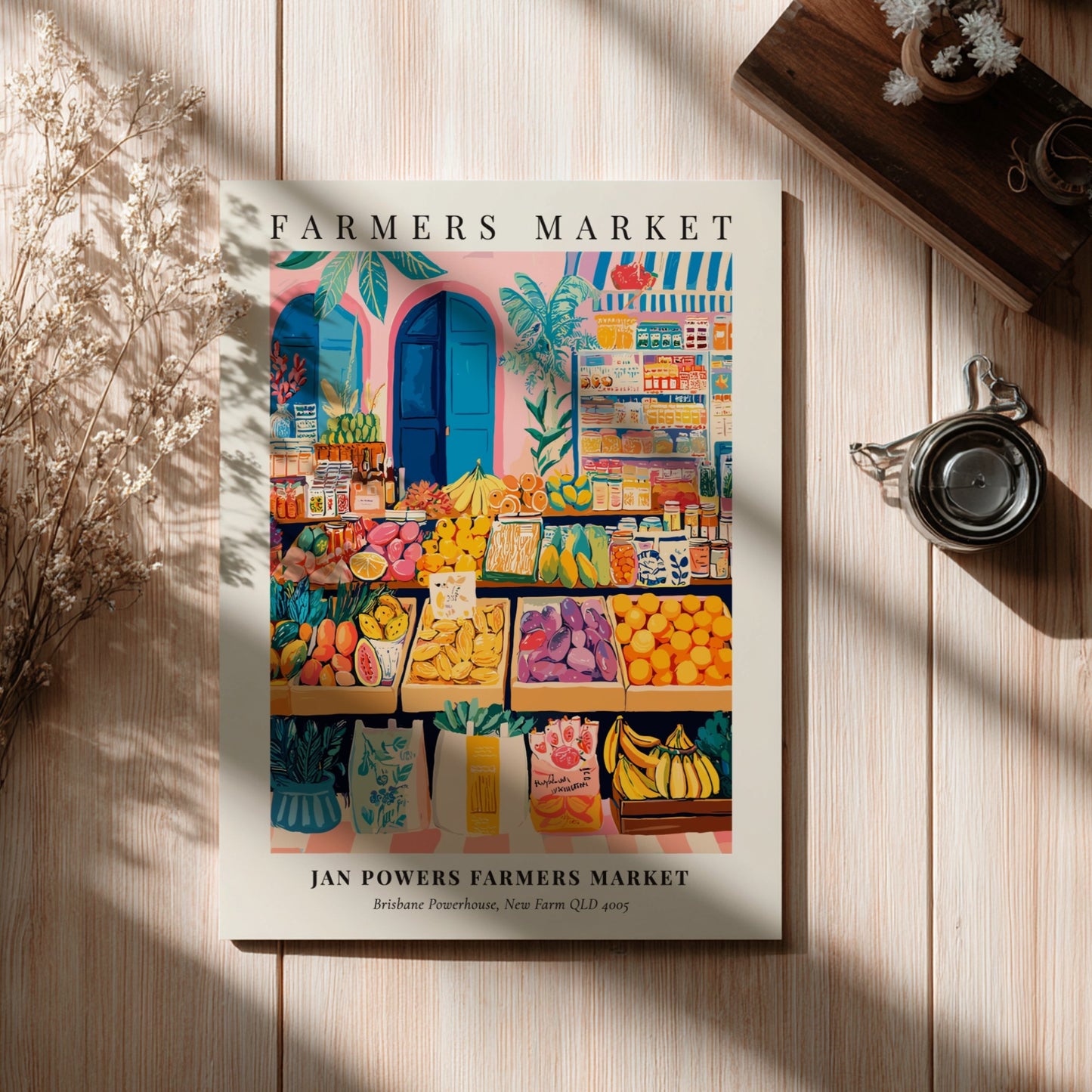 Farmers market poster featuring colorful fruits and vegetables in a vibrant style