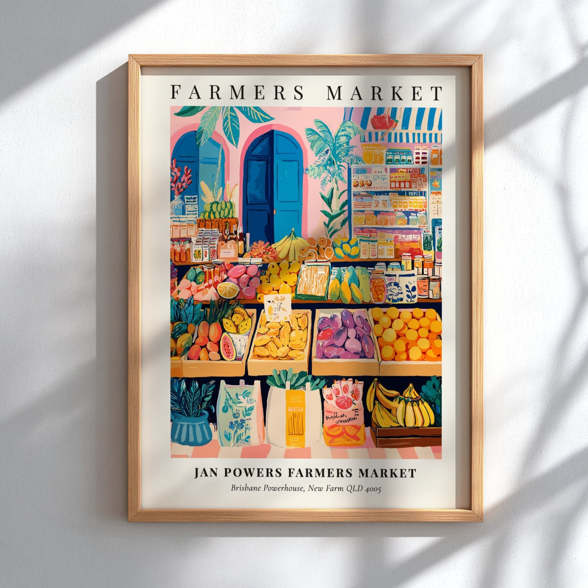 Farmers market poster featuring colorful fruits and vegetables in a vibrant style