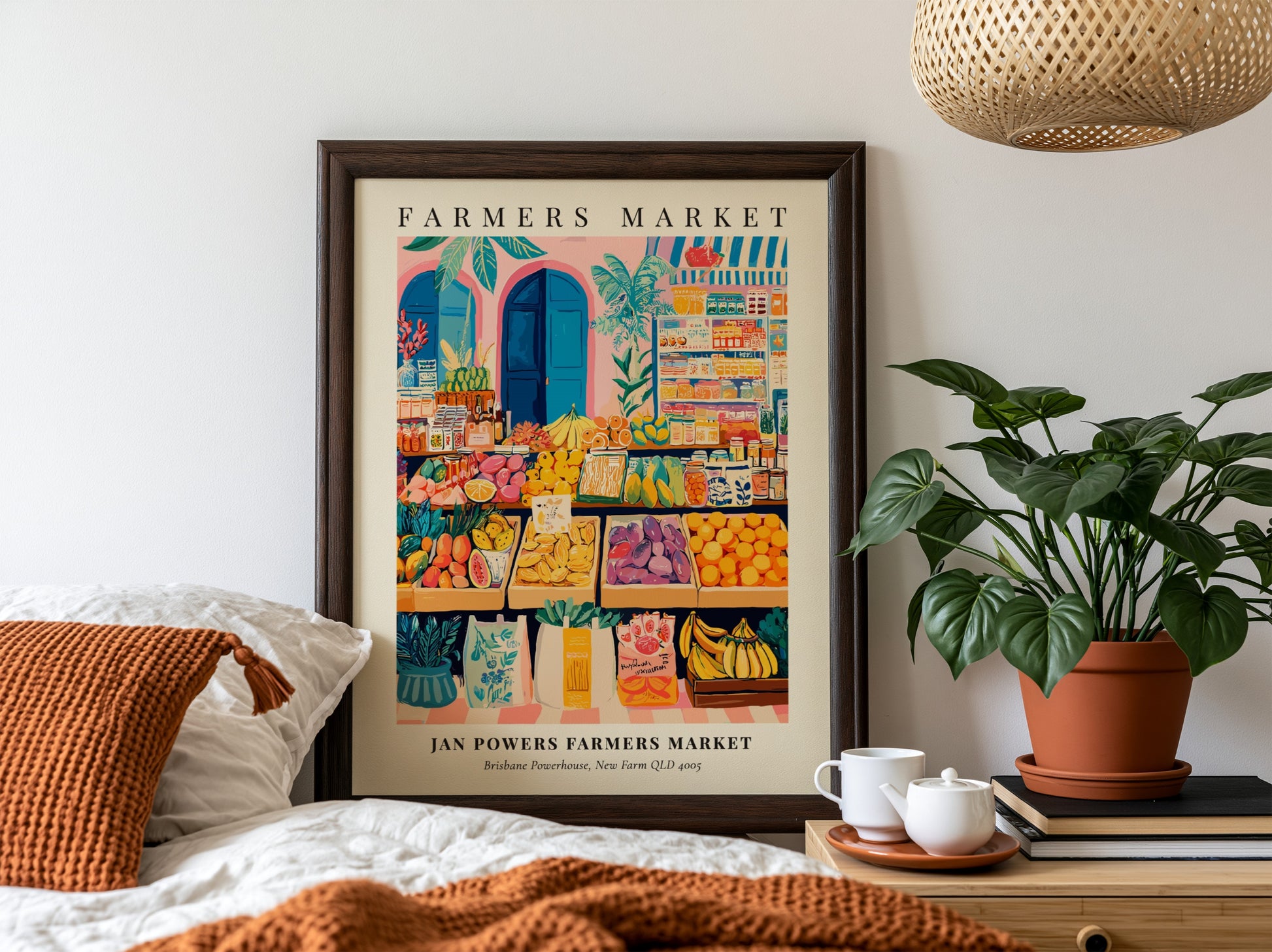 Farmers market poster featuring colorful fruits and vegetables in a vibrant style