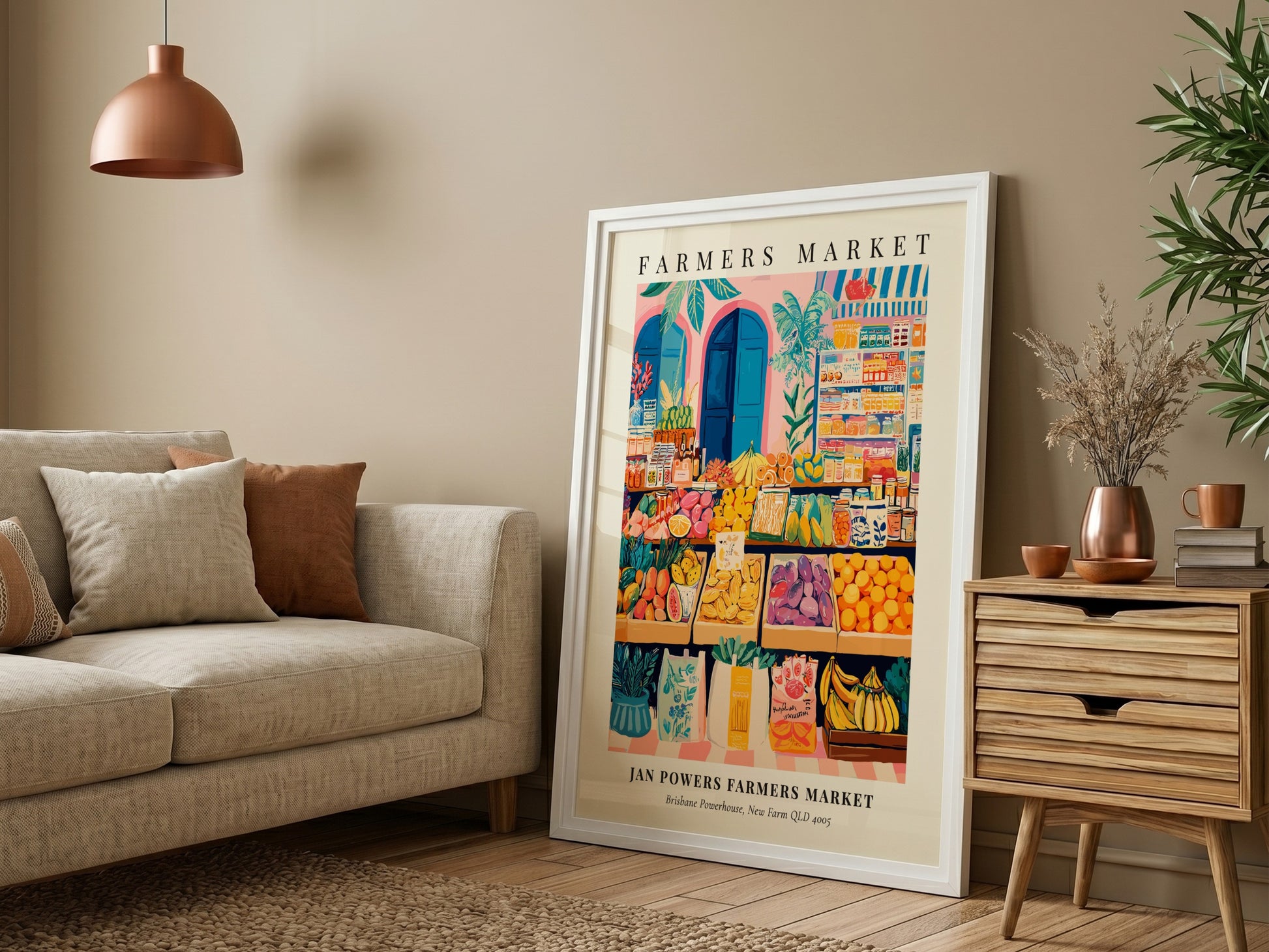 Farmers market poster featuring colorful fruits and vegetables in a vibrant style