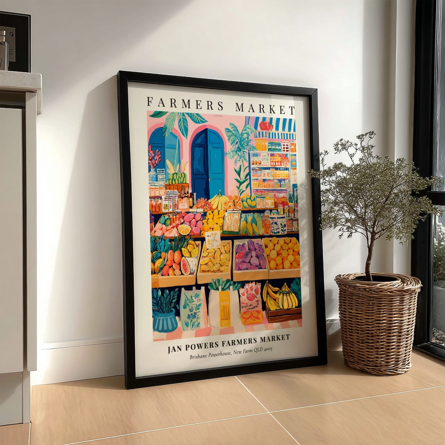 Farmers market poster featuring colorful fruits and vegetables in a vibrant style