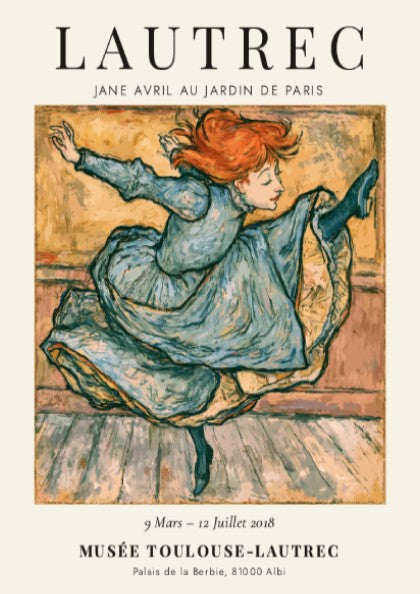 Toulouse-Lautrec poster featuring Jane Avril dancing in vibrant colors