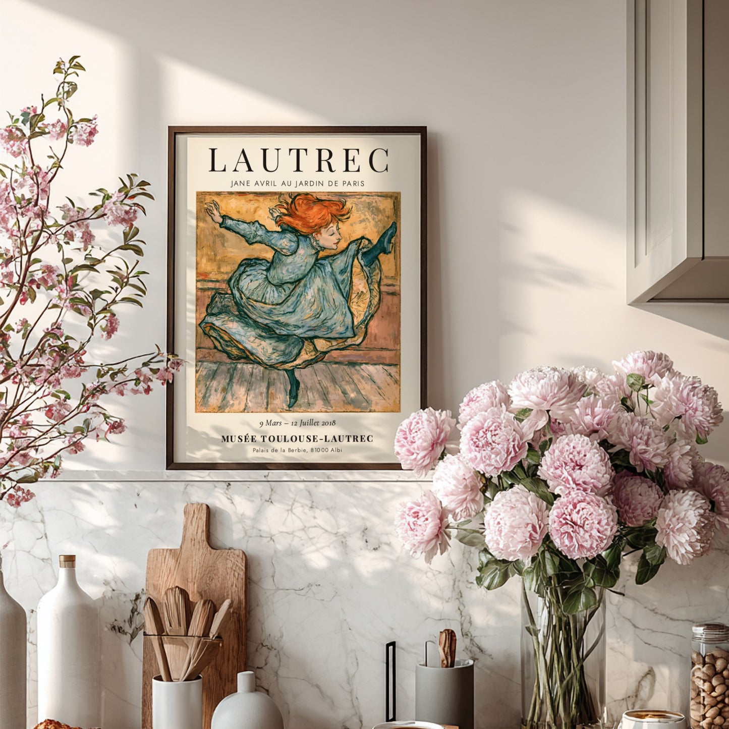 Toulouse-Lautrec poster featuring Jane Avril dancing in vibrant colors