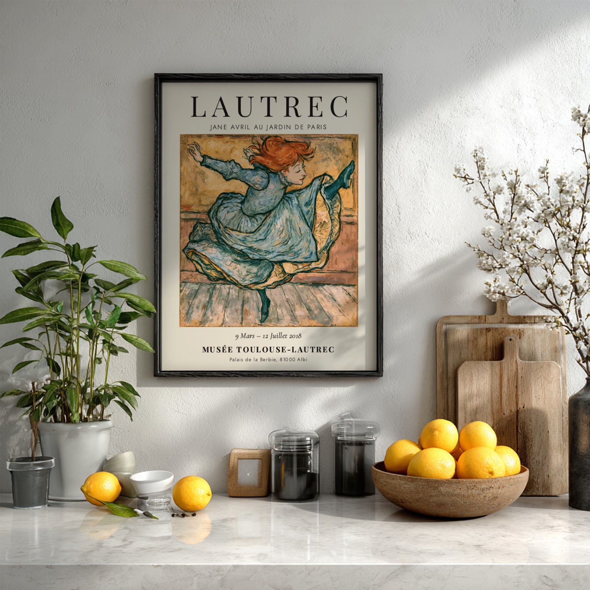 Toulouse-Lautrec poster featuring Jane Avril dancing in vibrant colors