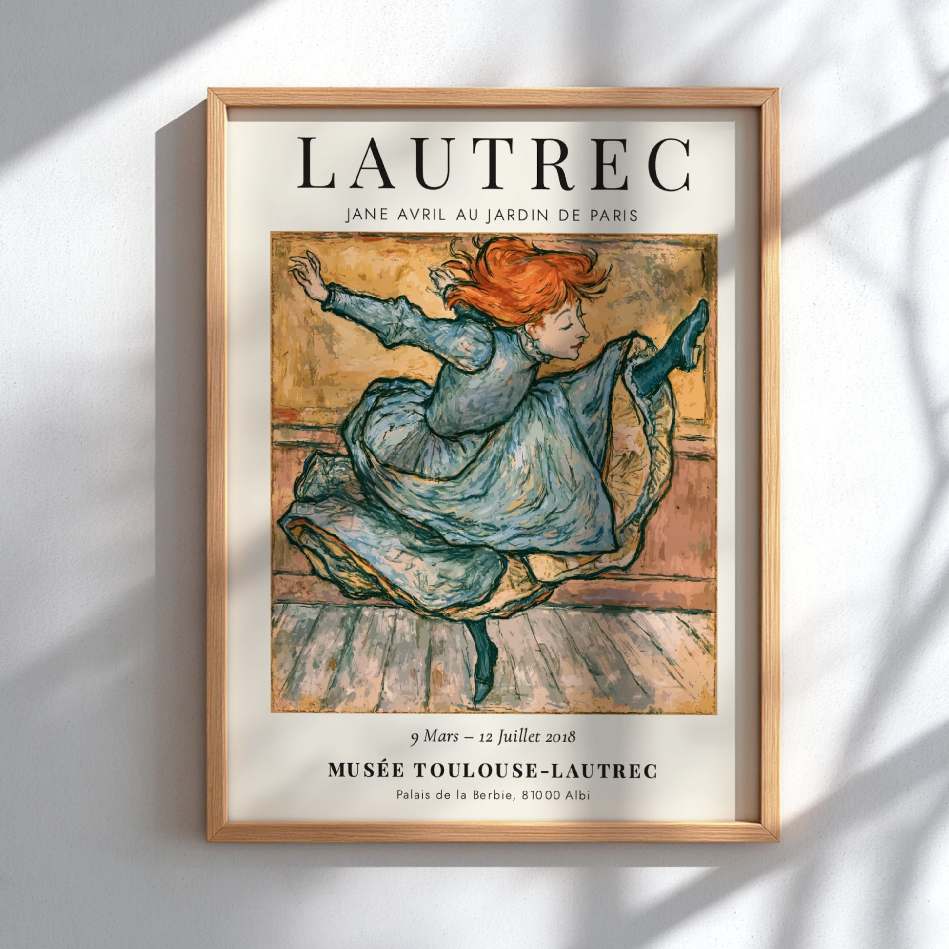 Toulouse-Lautrec poster featuring Jane Avril dancing in vibrant colors
