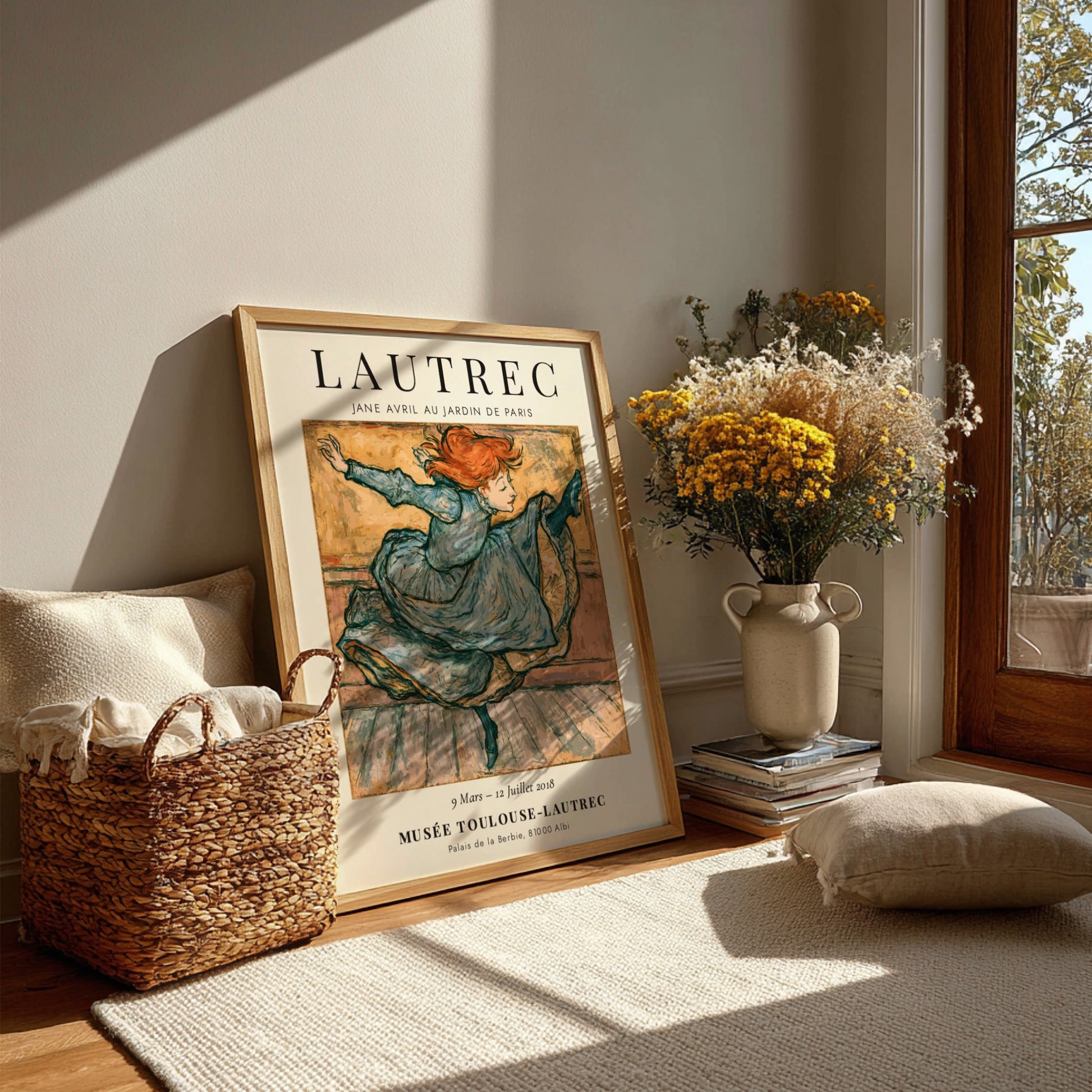 Toulouse-Lautrec poster featuring Jane Avril dancing in vibrant colors
