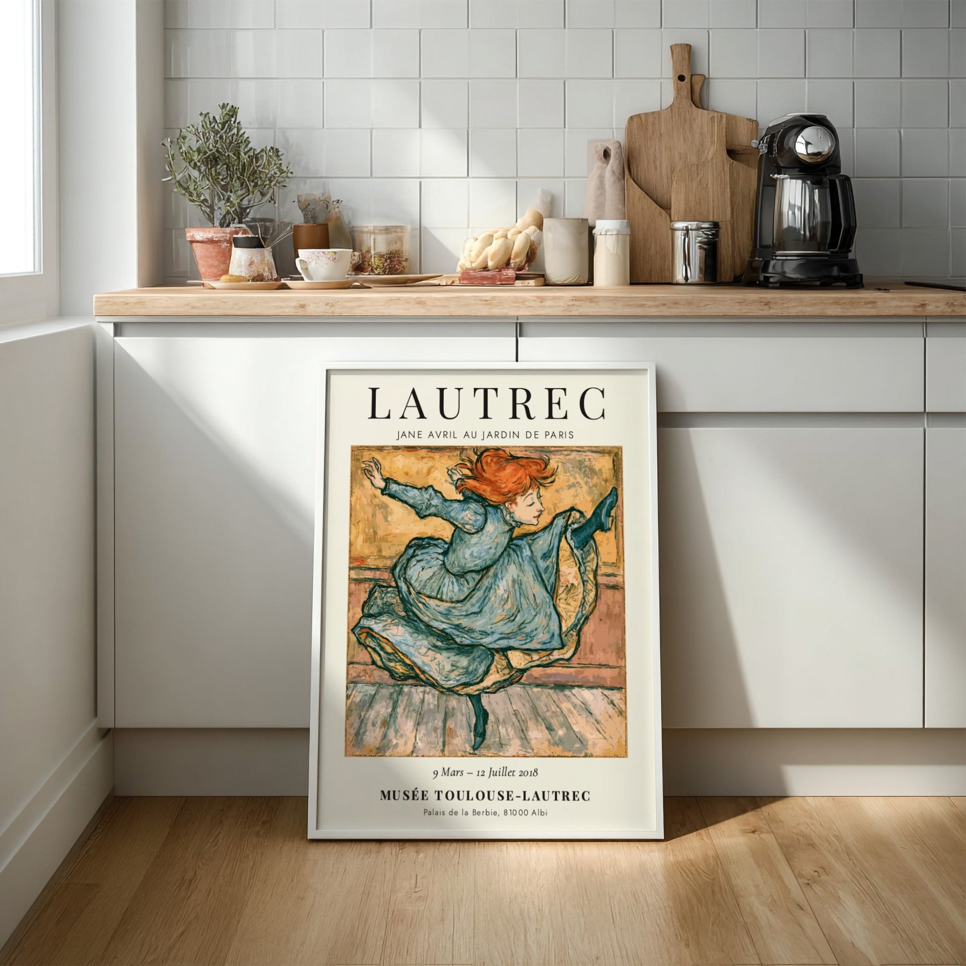 Toulouse-Lautrec poster featuring Jane Avril dancing in vibrant colors