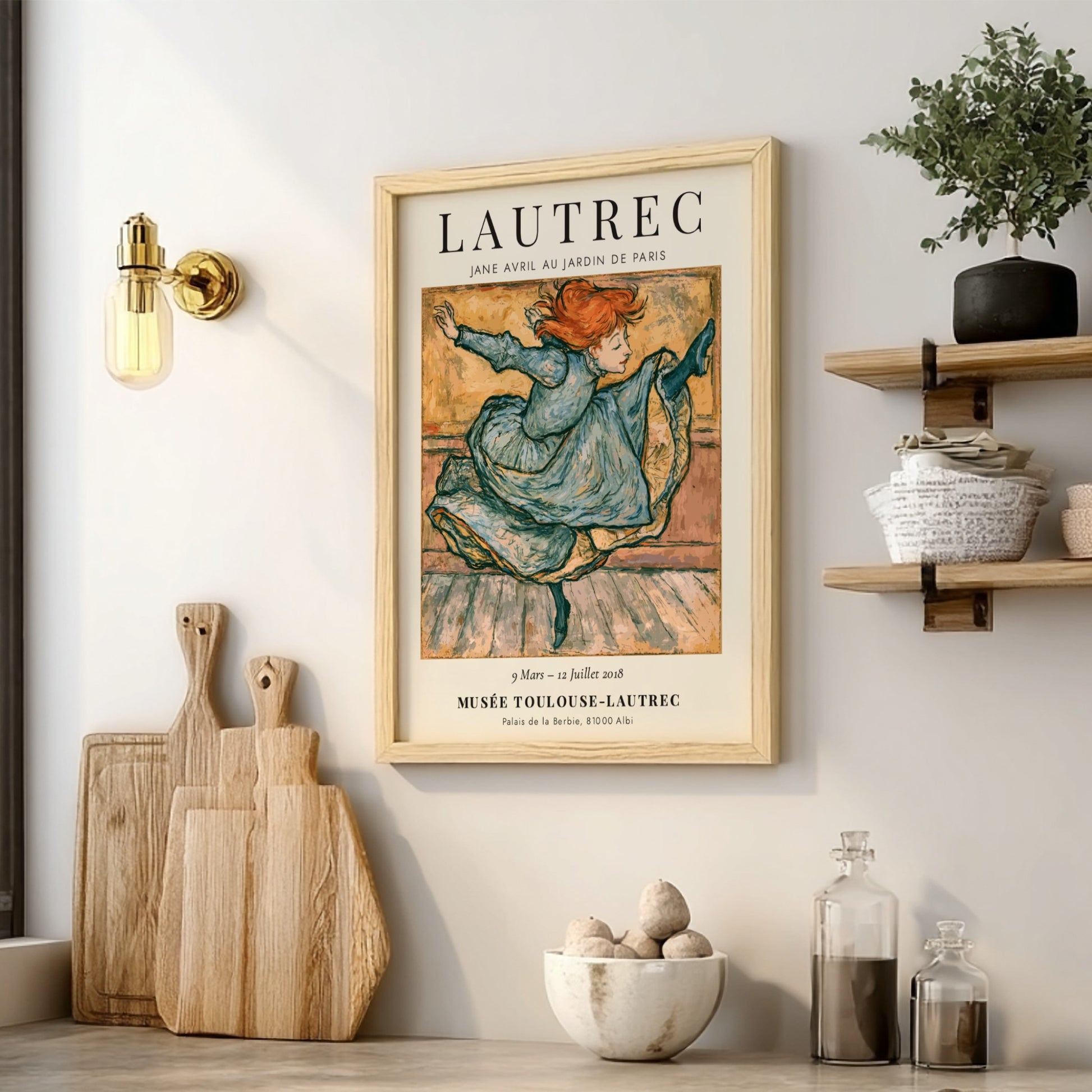 Toulouse-Lautrec poster featuring Jane Avril dancing in vibrant colors