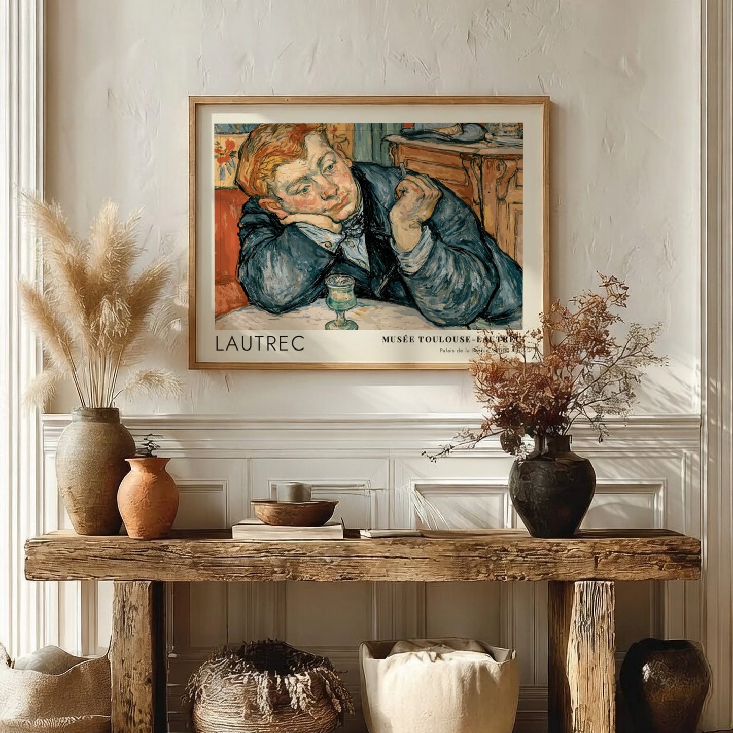 Wall art poster featuring a man in a blue coat by Toulouse-Lautrec, exhibition style.