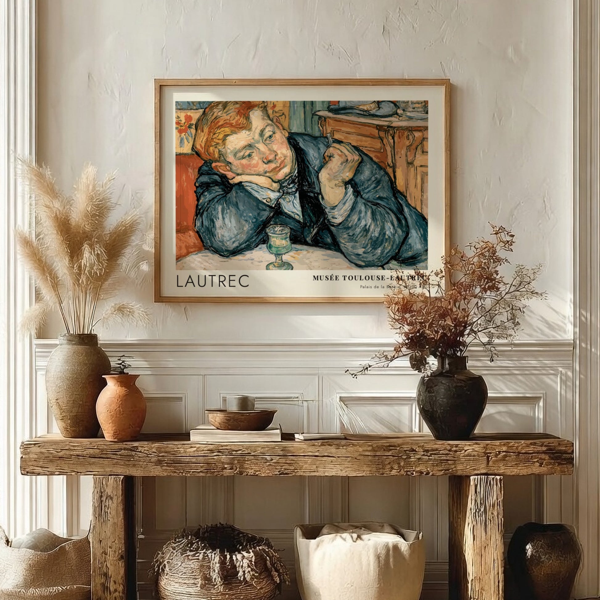 Wall art poster featuring a man in a blue coat by Toulouse-Lautrec, exhibition style.