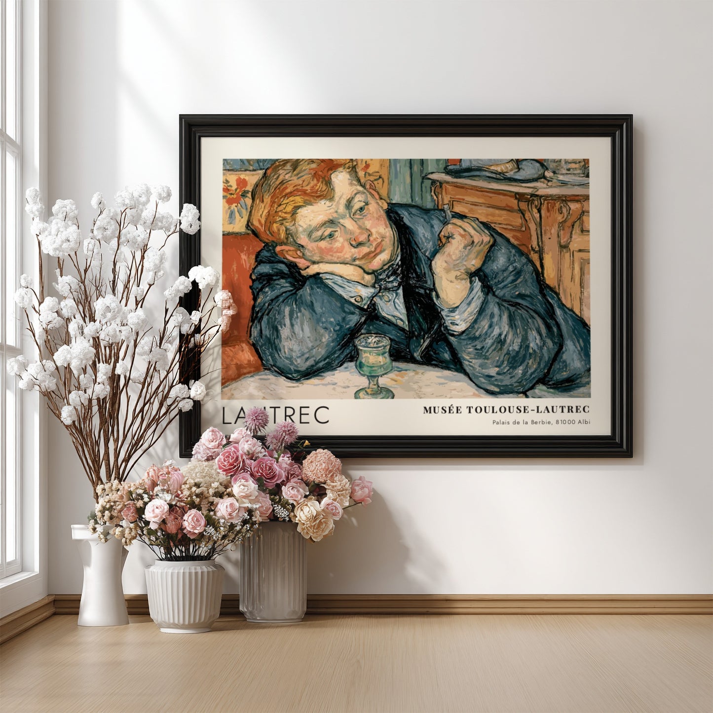 Wall art poster featuring a man in a blue coat by Toulouse-Lautrec, exhibition style.