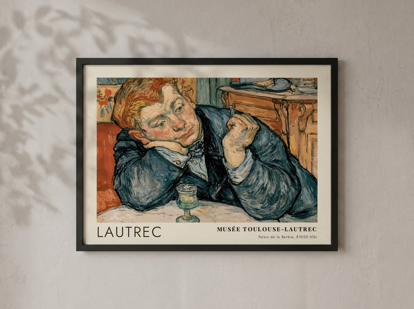 Wall art poster featuring a man in a blue coat by Toulouse-Lautrec, exhibition style.