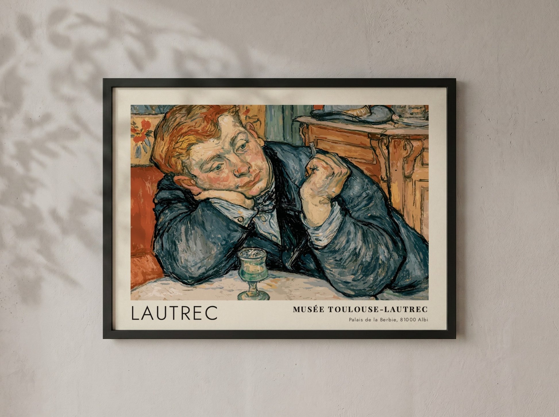 Wall art poster featuring a man in a blue coat by Toulouse-Lautrec, exhibition style.
