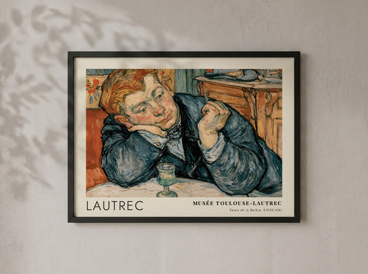 Wall art poster featuring a man in a blue coat by Toulouse-Lautrec, exhibition style.