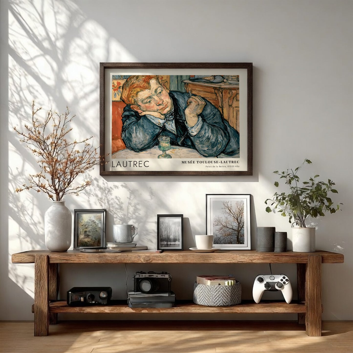 Wall art poster featuring a man in a blue coat by Toulouse-Lautrec, exhibition style.