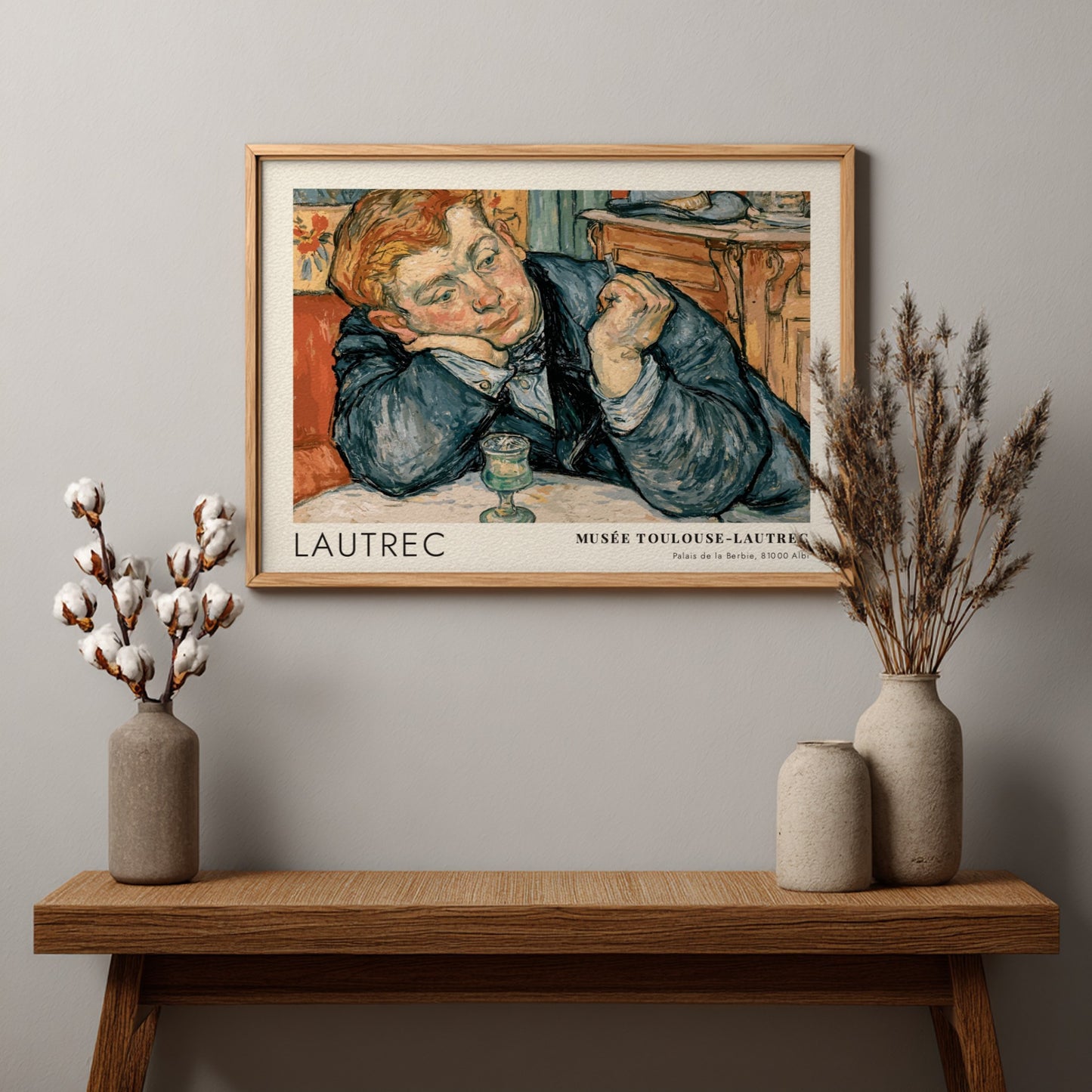 Wall art poster featuring a man in a blue coat by Toulouse-Lautrec, exhibition style.