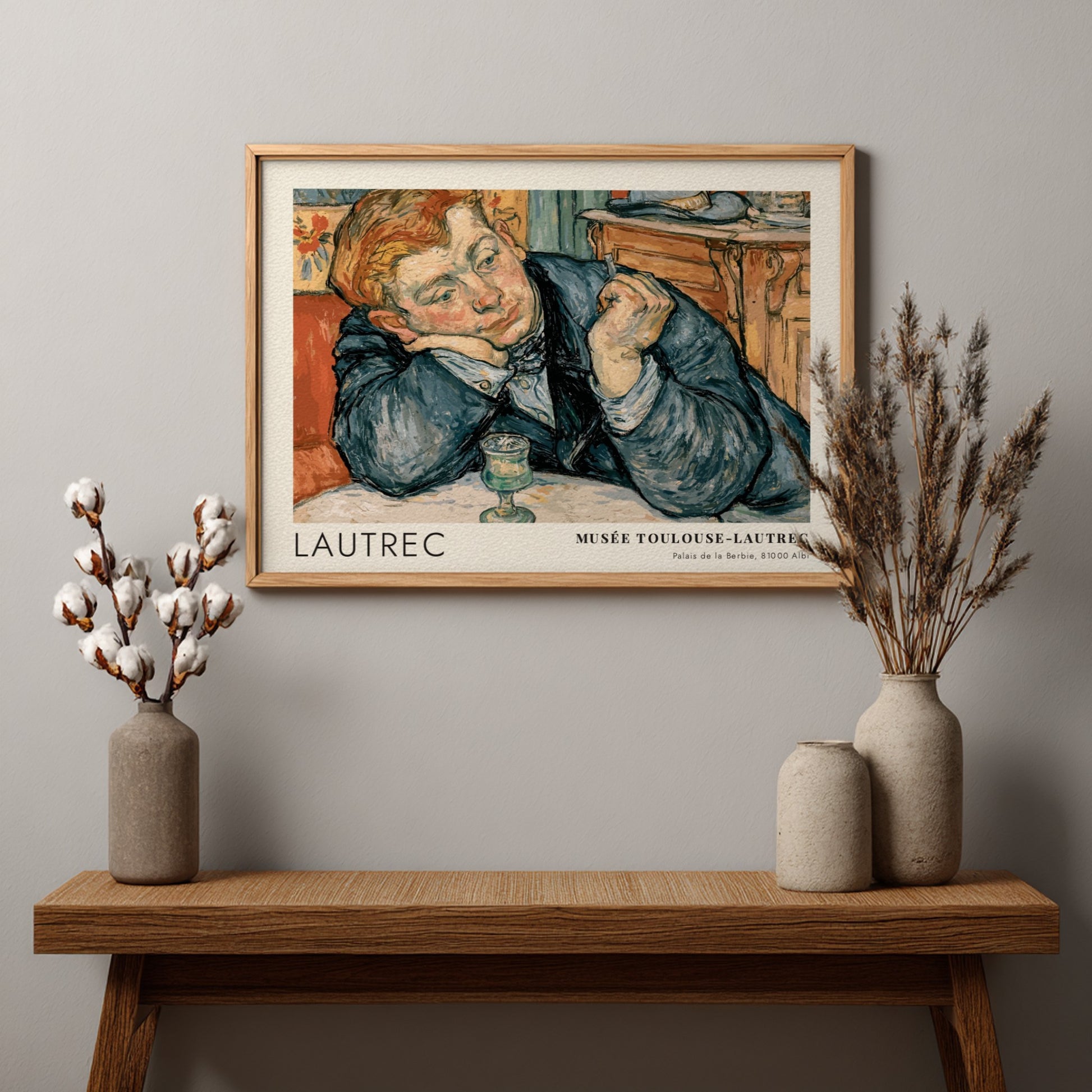 Wall art poster featuring a man in a blue coat by Toulouse-Lautrec, exhibition style.