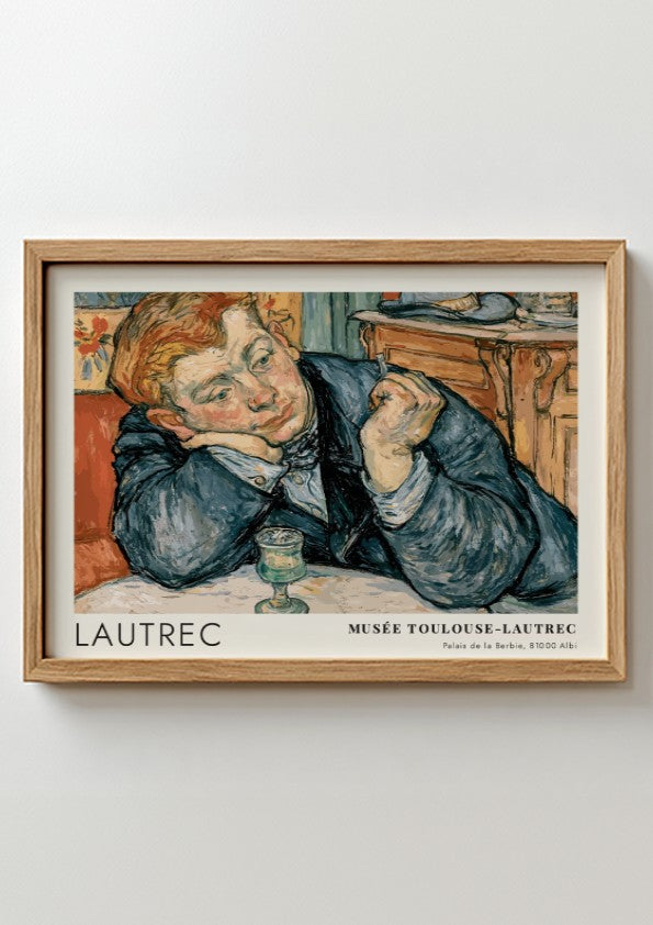 Wall art poster featuring a man in a blue coat by Toulouse-Lautrec, exhibition style.