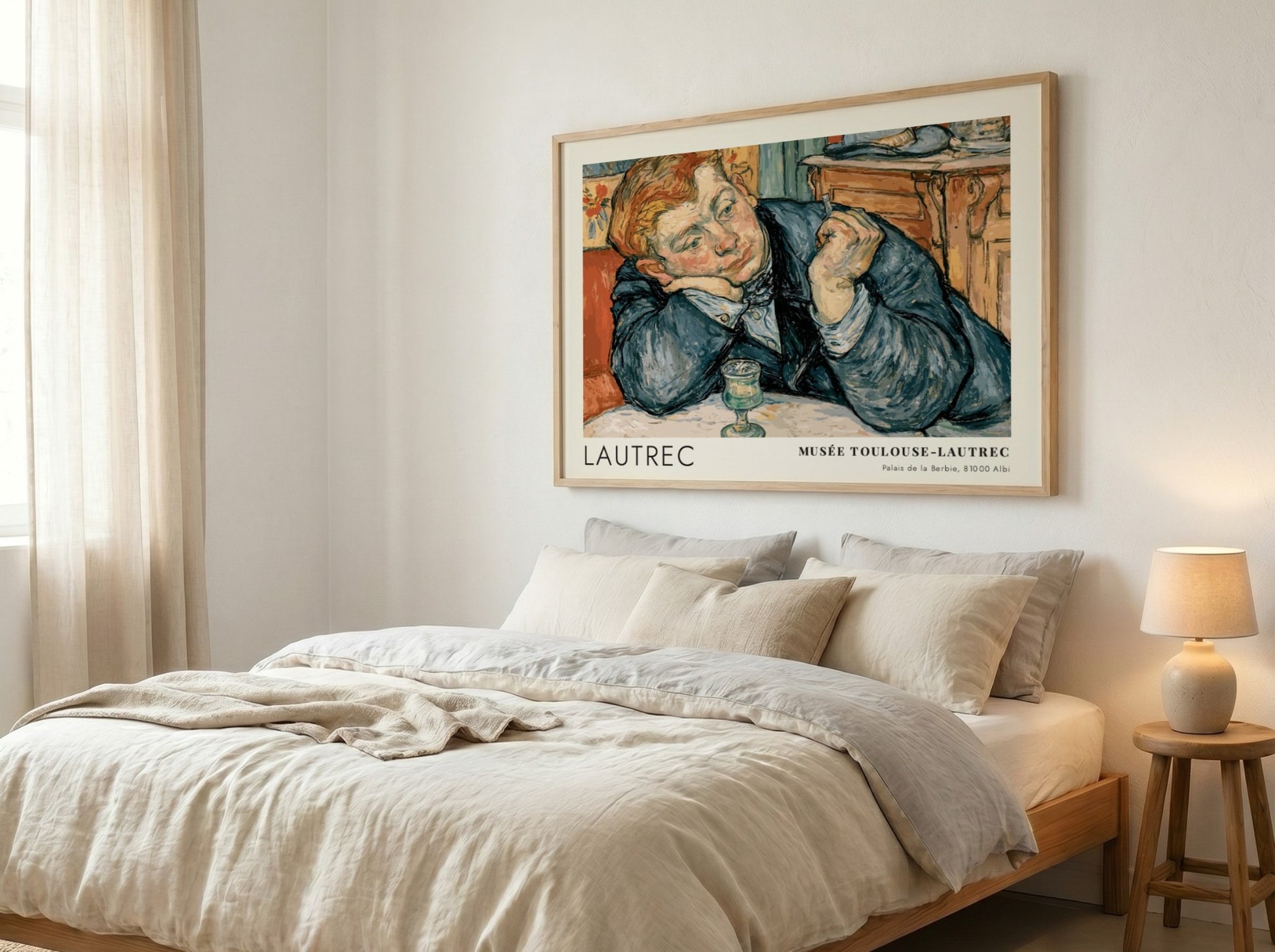 Wall art poster featuring a man in a blue coat by Toulouse-Lautrec, exhibition style.