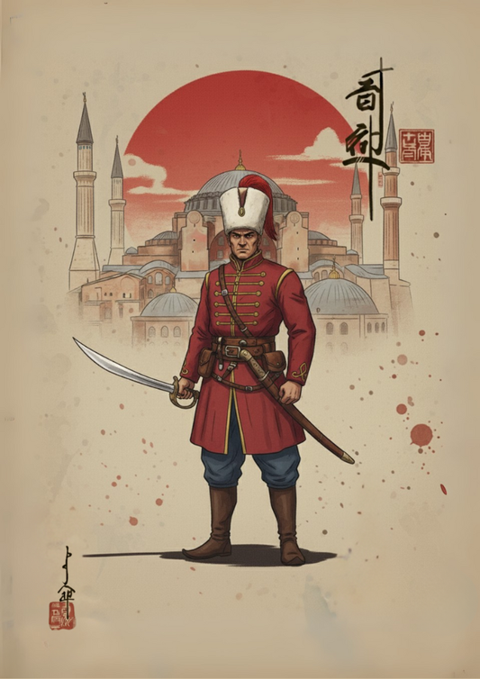 Illustration of a warrior in red armor with a sword, set against a cityscape with a large red sun.