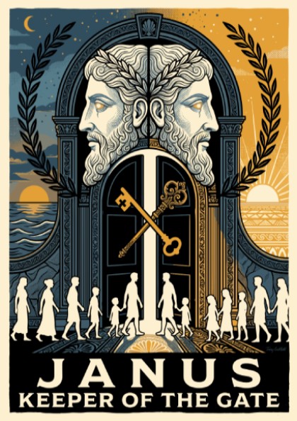 Poster featuring the Roman god Janus with two faces and golden keys displayed.