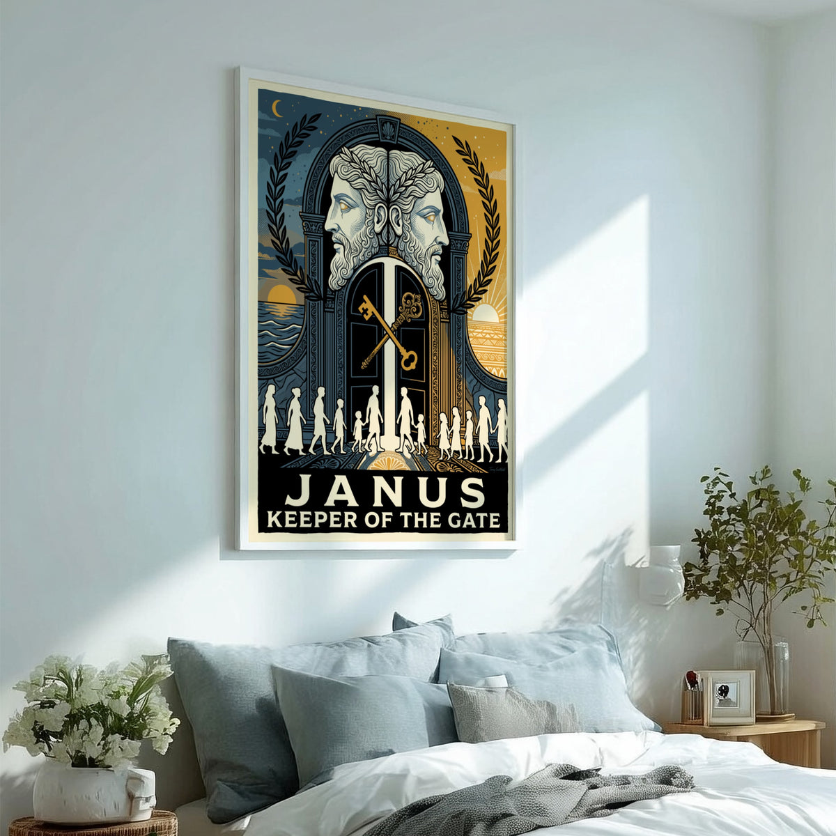 Poster featuring the Roman god Janus with two faces and golden keys displayed.