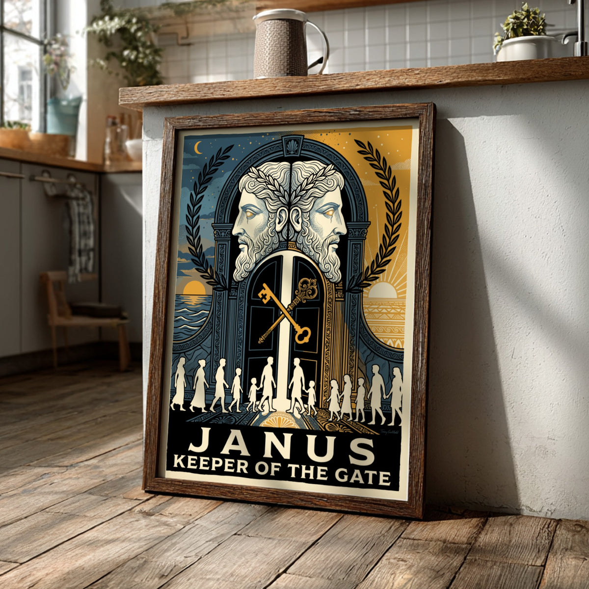 Poster featuring the Roman god Janus with two faces and golden keys displayed.