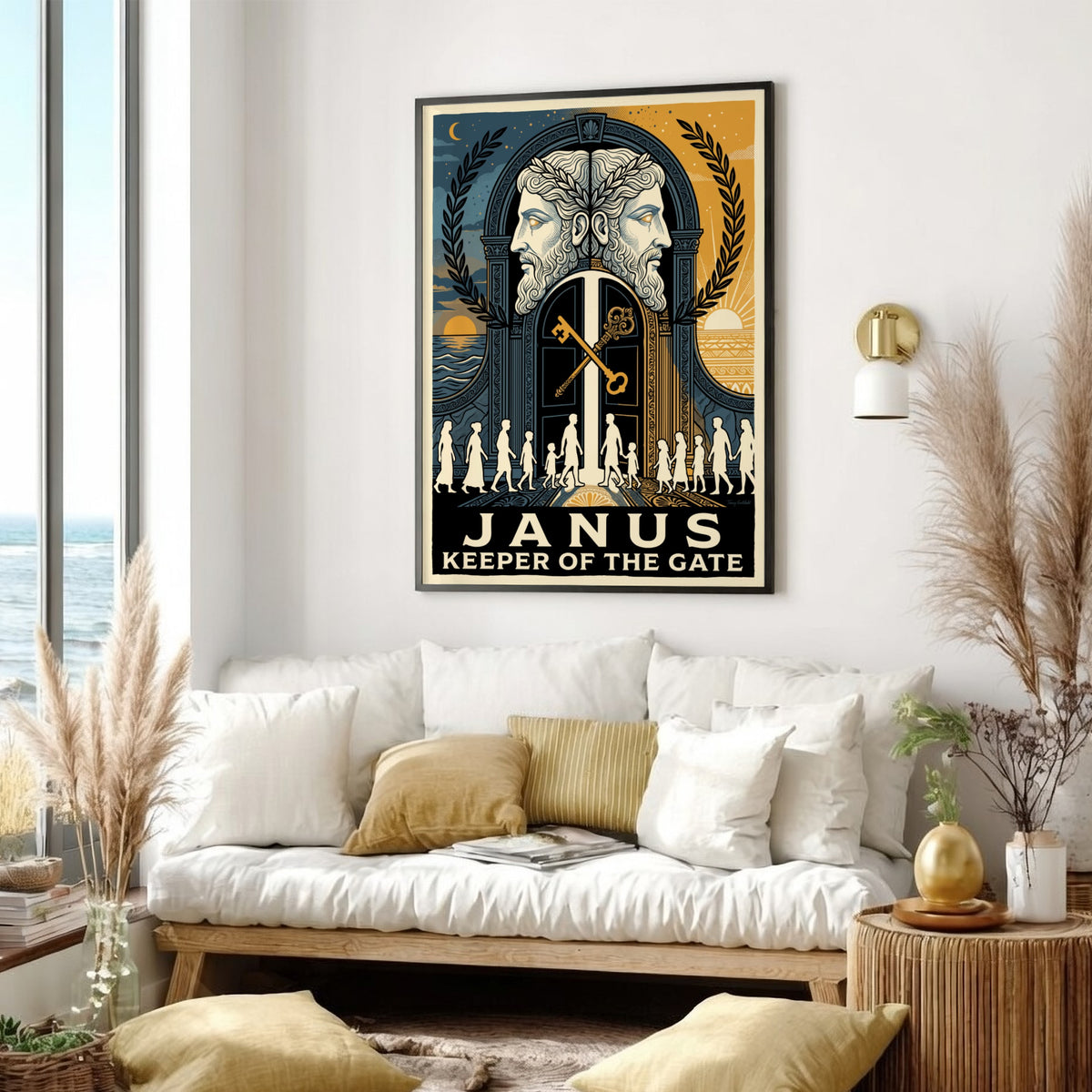 Poster featuring the Roman god Janus with two faces and golden keys displayed.