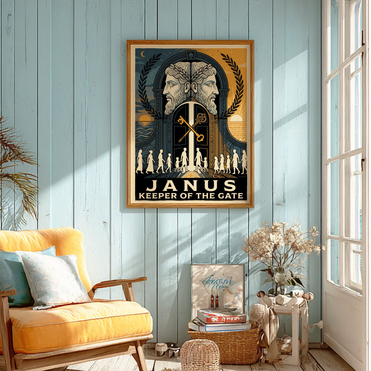 Poster featuring the Roman god Janus with two faces and golden keys displayed.