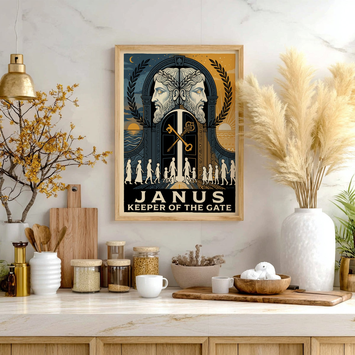Poster featuring the Roman god Janus with two faces and golden keys displayed.