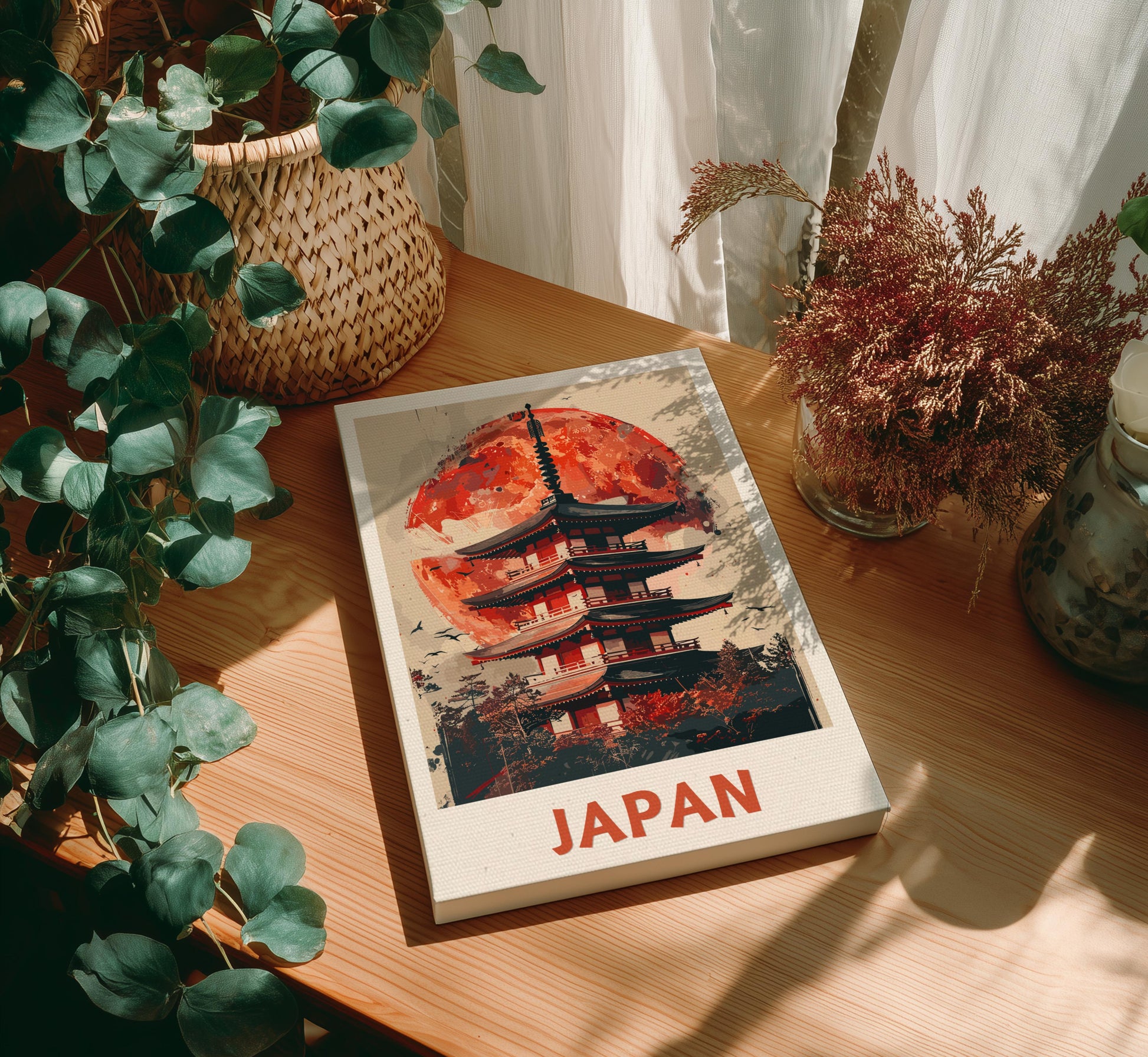 Canvas 'Japan' on a wooden table with plants