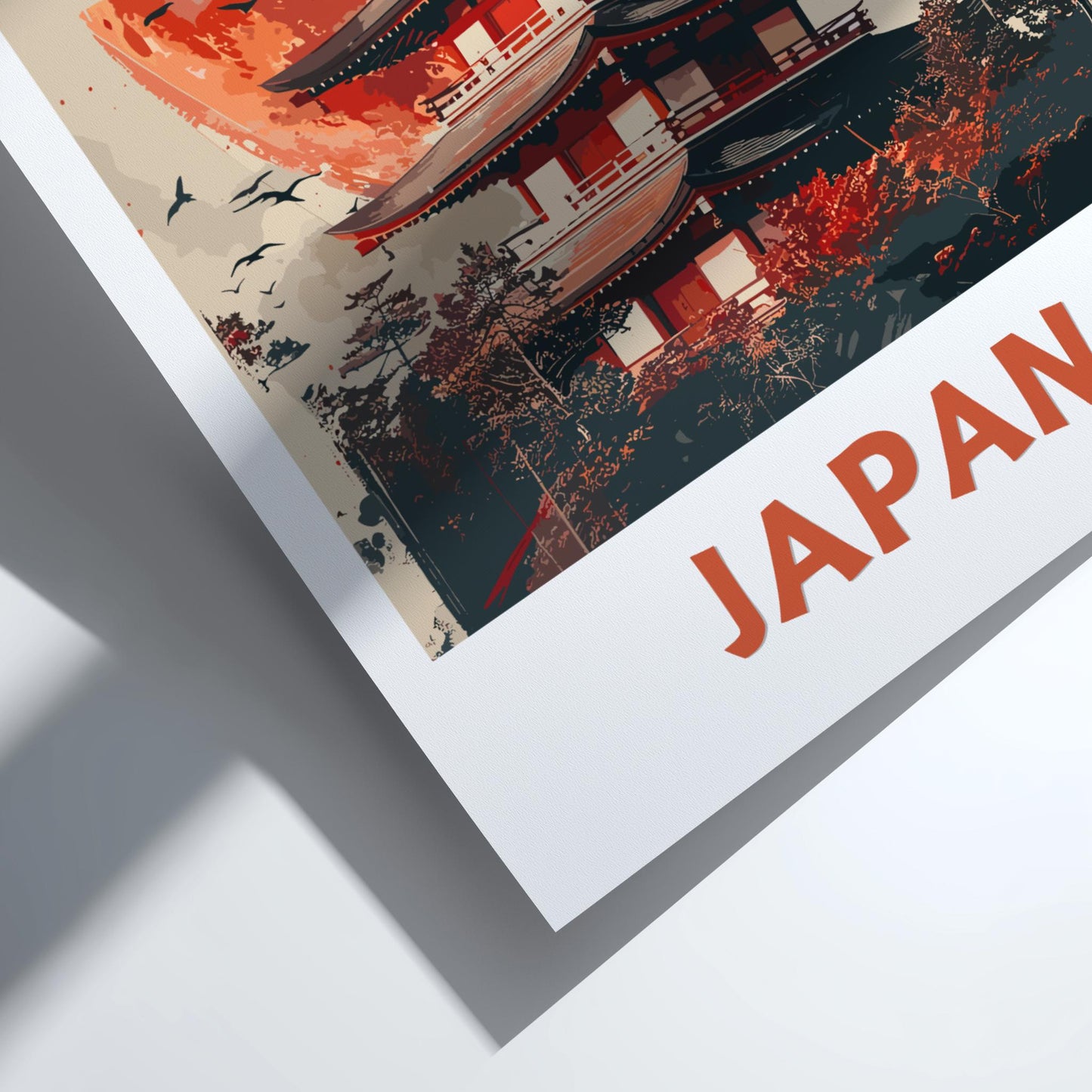 Poster of a Japanese temple with 'Japan' text on a white surface