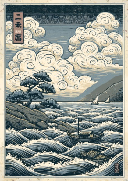 Japanese art style poster depicting a seascape with swirling clouds, waves, and boats. Traditional Japanese
