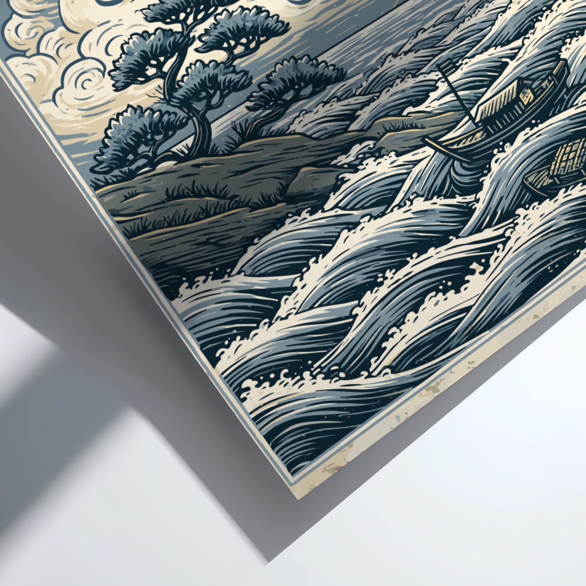 Japanese art style poster depicting a seascape with swirling clouds, waves, and boats. Traditional Japanese