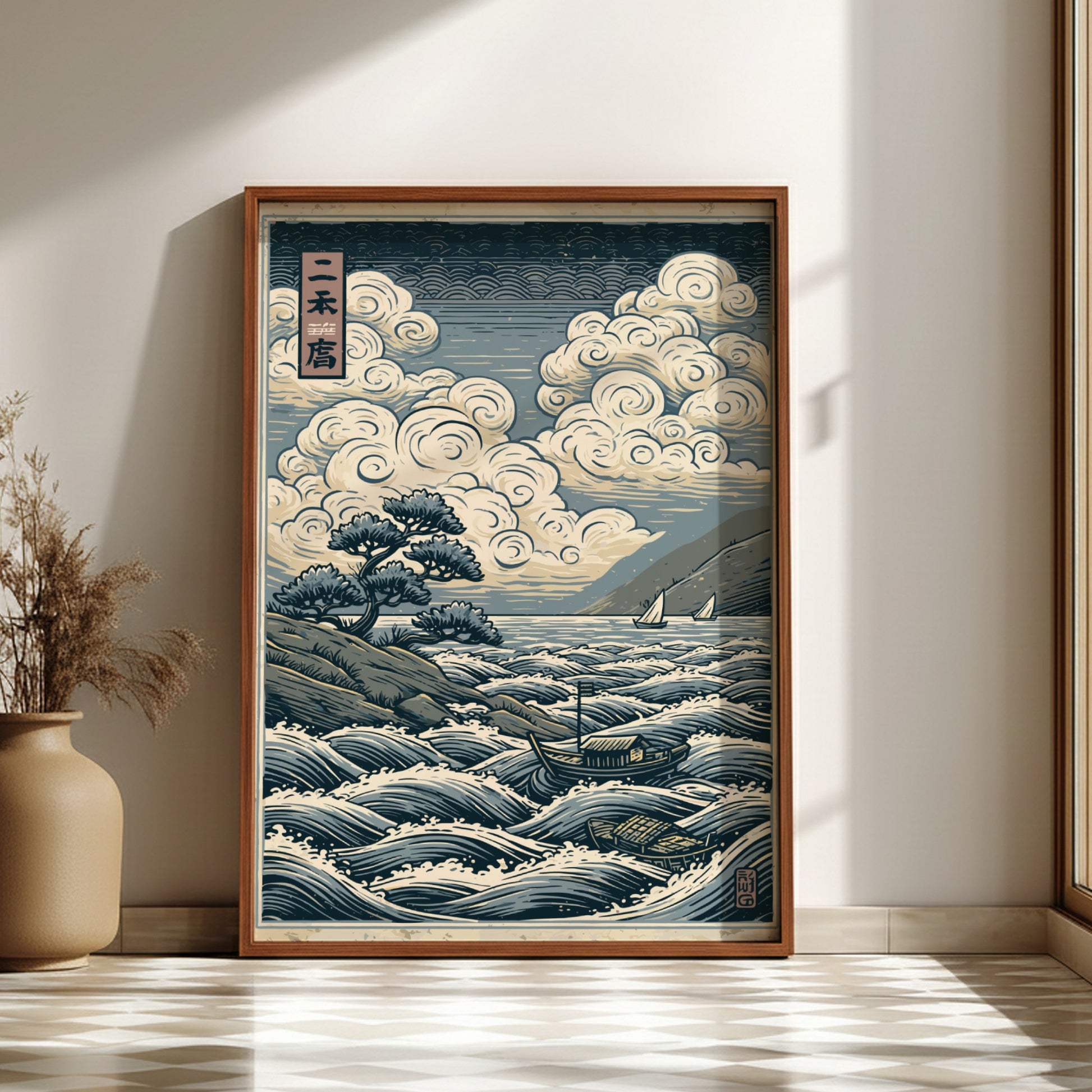 Japanese art style poster depicting a seascape with swirling clouds, waves, and boats. Traditional Japanese