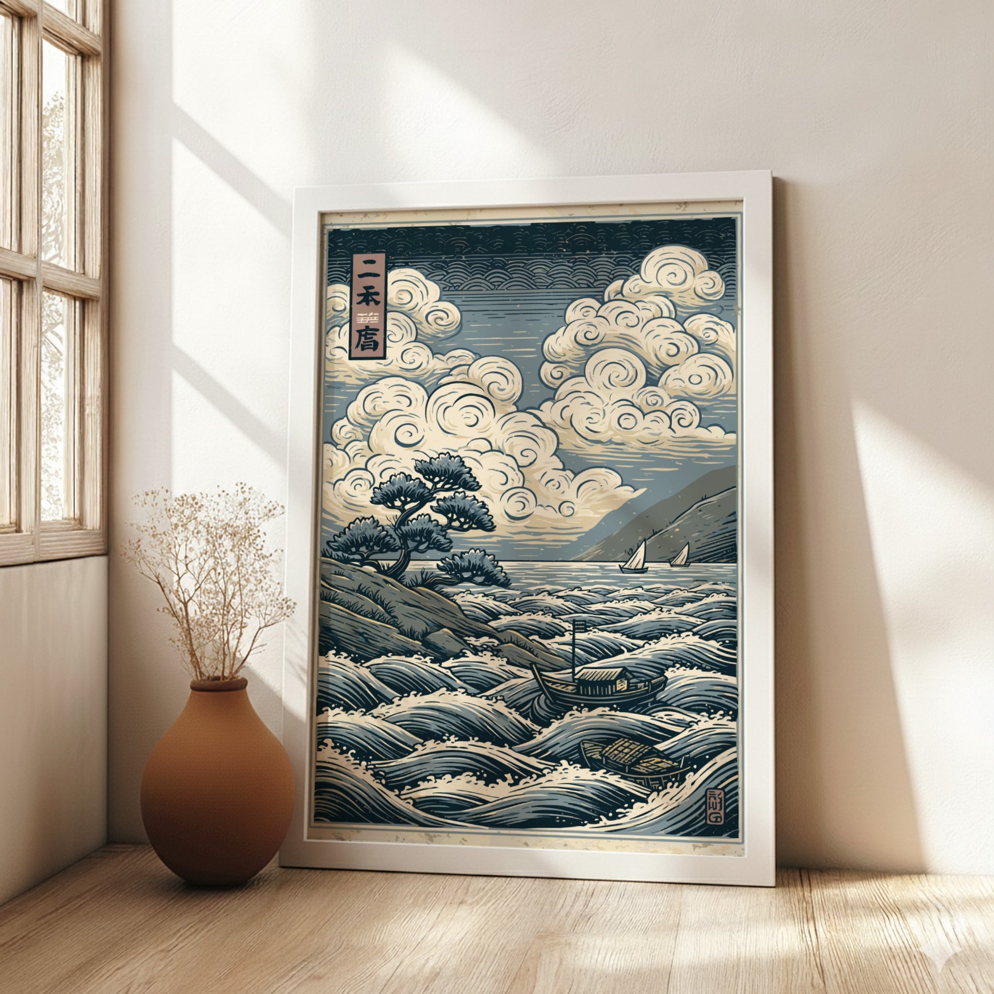 Japanese art style poster depicting a seascape with swirling clouds, waves, and boats. Traditional Japanese