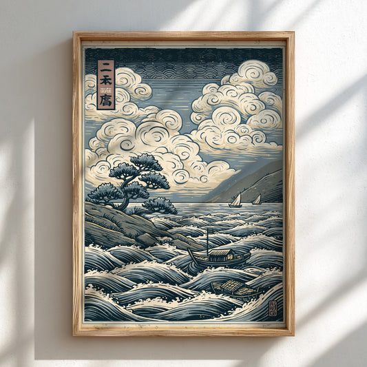 Japanese art style poster depicting a seascape with swirling clouds, waves, and boats. Traditional Japanese