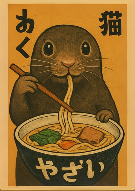 Illustration of a cat eating noodles with chopsticks on a brown background