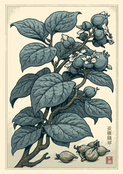 Japanese art style poster featuring a botanical illustration of a plant with blue-green leaves, fruits, and