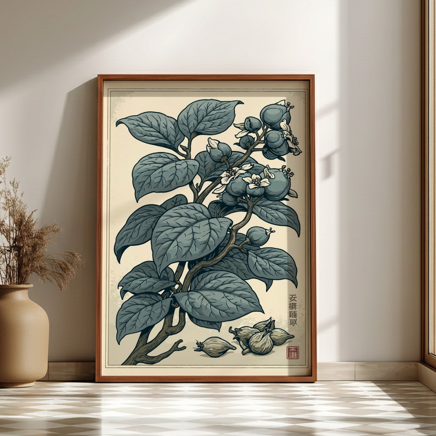 Japanese art style poster featuring a botanical illustration of a plant with blue-green leaves, fruits, and