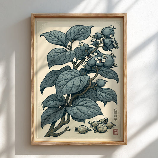 Japanese art style poster featuring a botanical illustration of a plant with blue-green leaves, fruits, and