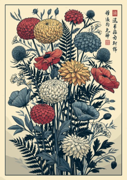 Japanese art style poster featuring a bouquet of red, yellow, and blue flowers with ferns.