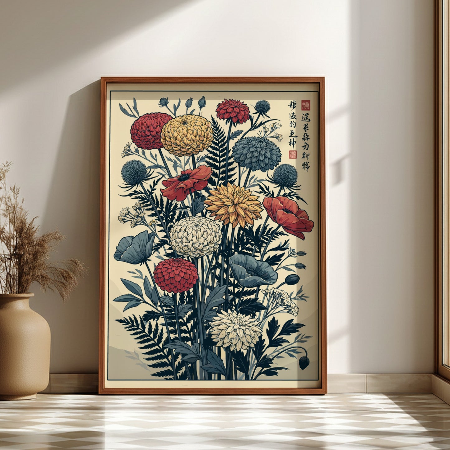 Japanese art style poster featuring a bouquet of red, yellow, and blue flowers with ferns.