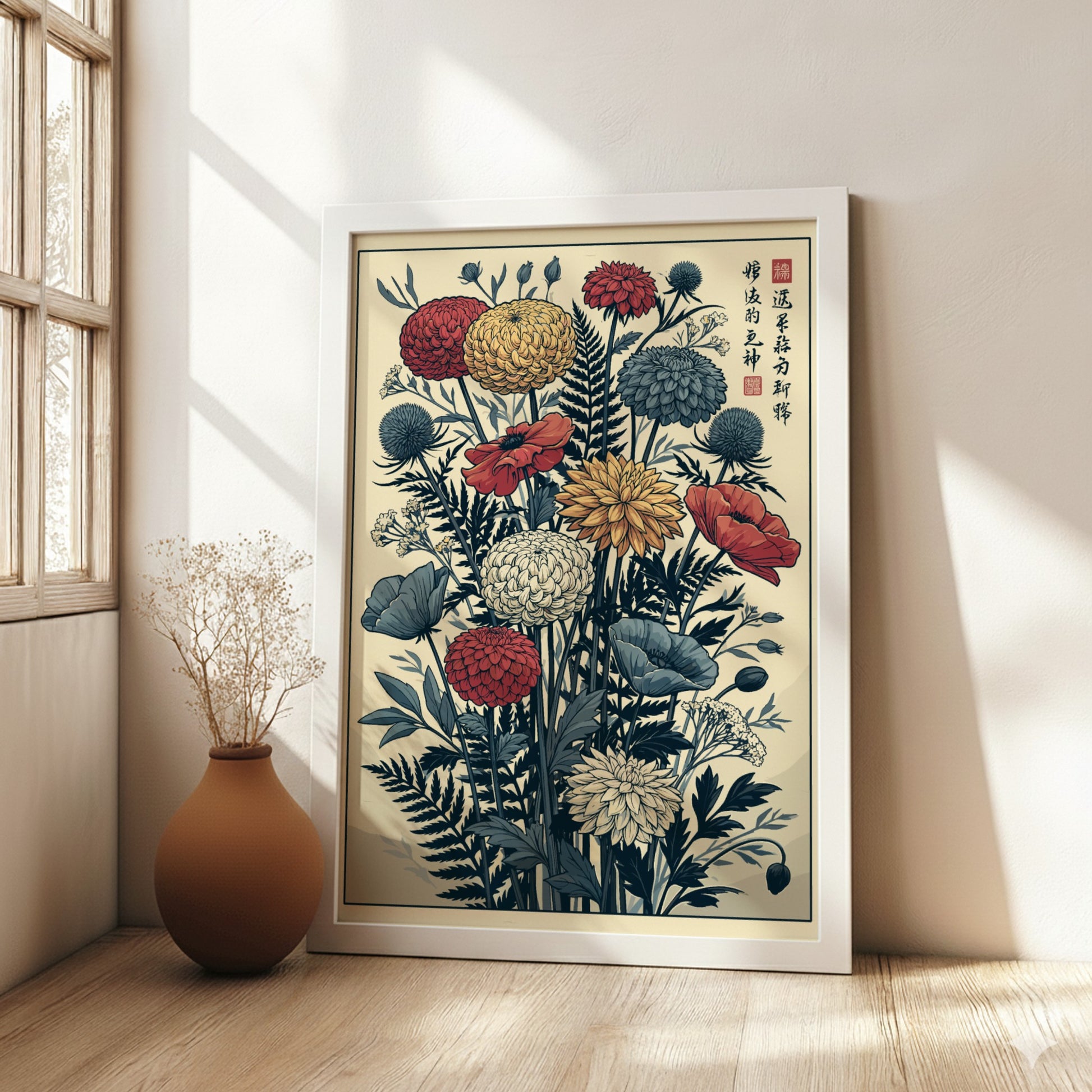 Japanese art style poster featuring a bouquet of red, yellow, and blue flowers with ferns.