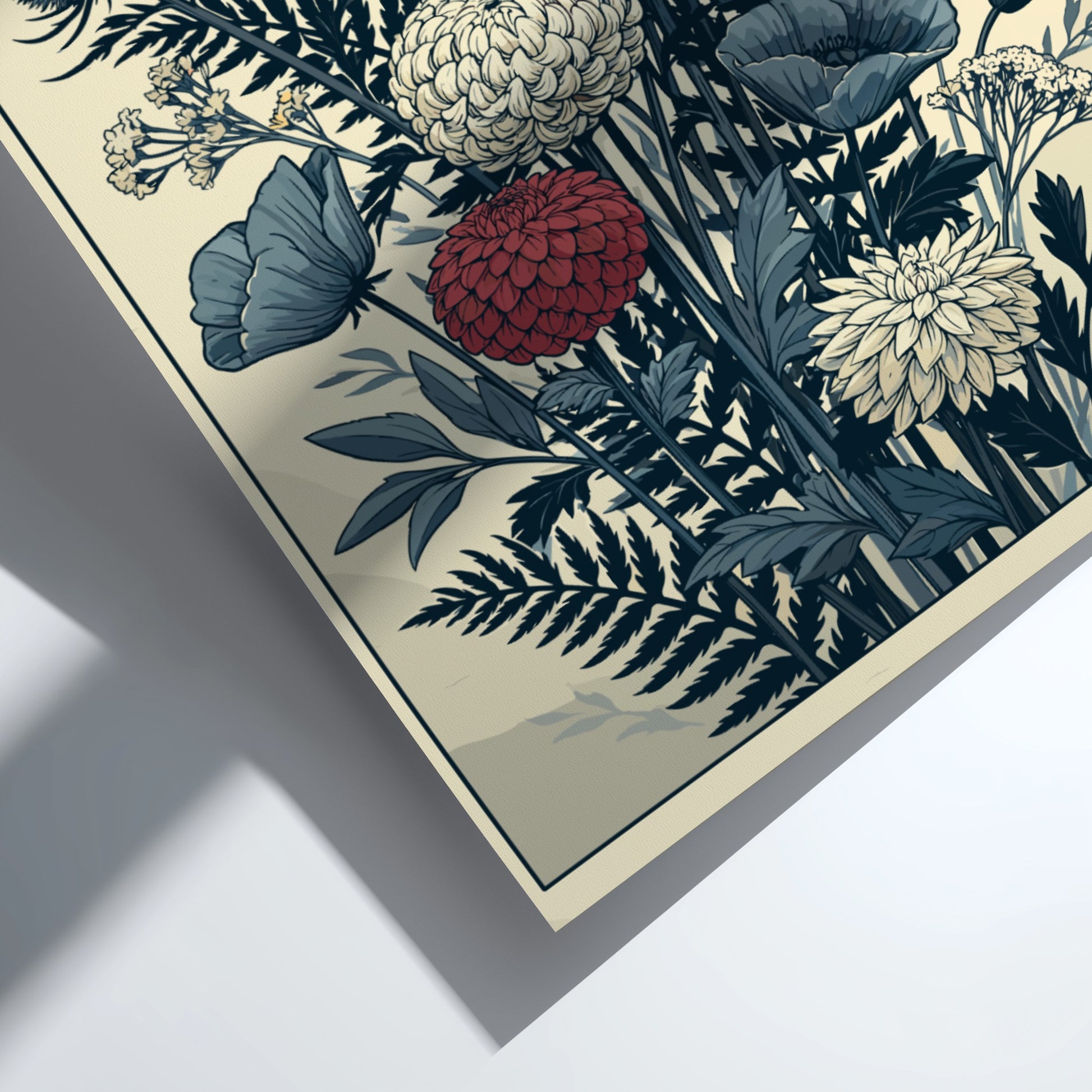 Japanese art style poster featuring a bouquet of red, yellow, and blue flowers with ferns.