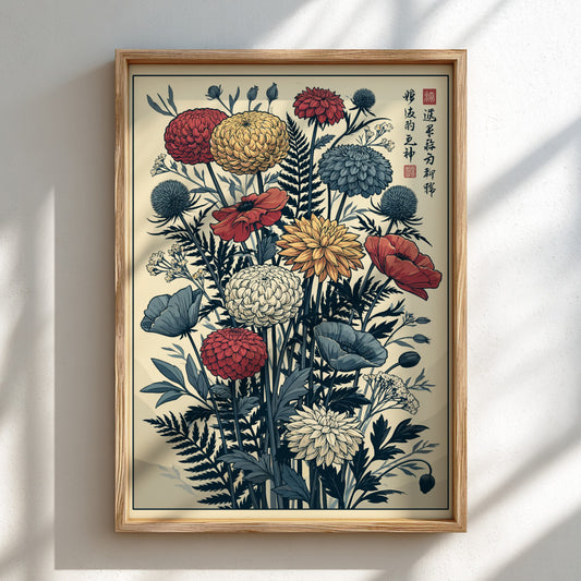 Japanese art style poster featuring a bouquet of red, yellow, and blue flowers with ferns.