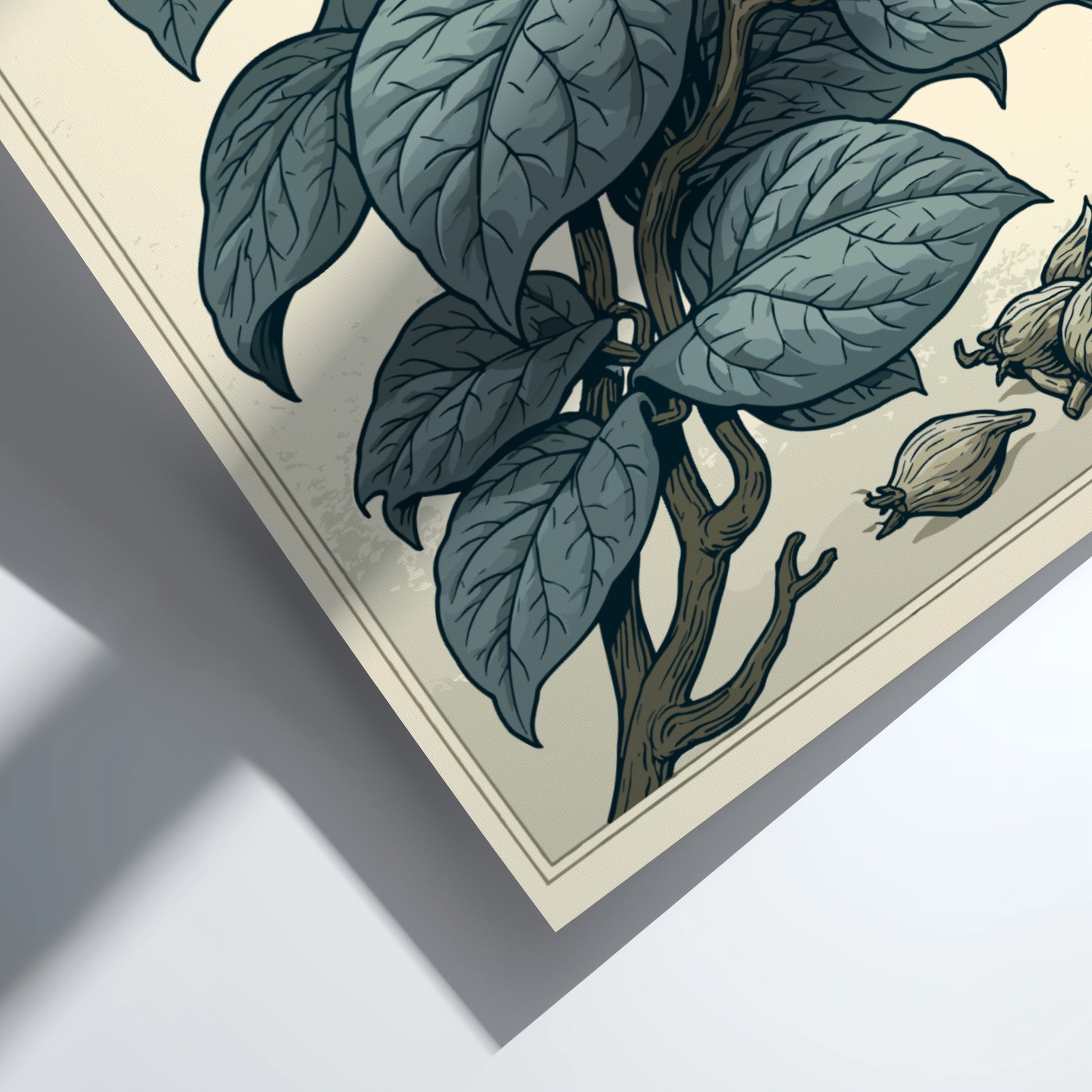 Japanese art style poster featuring a botanical illustration of a plant with blue-green leaves, fruits, and