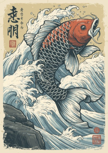 Japanese art style poster of a red and blue koi fish leaping through crashing waves.