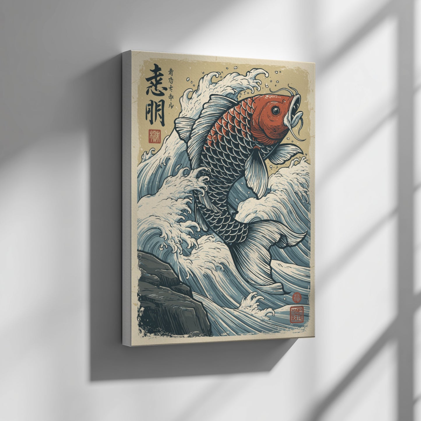 Japanese art style poster of a red and blue koi fish leaping through crashing waves.
